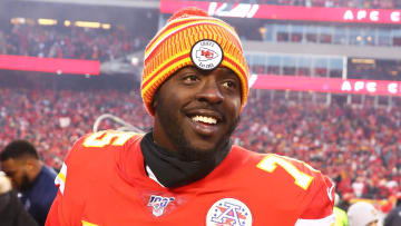 Jan 19, 2020; Kansas City, Missouri, USA; Kansas City Chiefs tackle Cam Erving (75) against the Tennessee Titans in the AFC Championship Game at Arrowhead Stadium. Mandatory Credit: Mark J. Rebilas-USA TODAY Sports