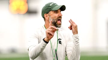 Michigan State's defensive coordinator Joe Rossi gives instructions while working with linebackers during camp on Monday, Aug. 5, 2024, at the indoor practice facility in East Lansing.