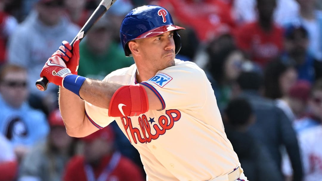 Mar 29, 2026; Philadelphia, Pennsylvania, USA; Philadelphia Phillies catcher J.T. Realmuto (10) at bat against the Texas Rangers at Citizens Bank Park. Mandatory Credit: Eric Hartline-Imagn Images