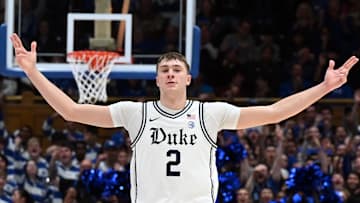 Jan 11, 2025; Durham, North Carolina, USA; Duke Blue Devils forward Cooper Flagg (2) reacts during the second half against the Notre Dame Fighting Irish at Cameron Indoor Stadium. Mandatory Credit: Rob Kinnan-Imagn Images