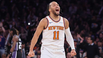 Jan 25, 2025; New York, New York, USA;  New York Knicks guard Jalen Brunson (11) celebrates during a timeout called by the Sacramento Kings in the third quarter at Madison Square Garden. Mandatory Credit: Wendell Cruz-Imagn Images