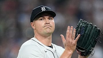 Detroit Tigers pitcher Tarik Skubal (29) walks off the field after a pitching change against Chicago Cubs during the eighth inning at Comerica Park in Detroit on Friday, June 6, 2025.