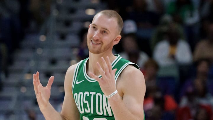 Oct 27, 2025; New Orleans, Louisiana, USA; Boston Celtics forward Sam Hauser (30) reacts after making a three point basket against the New Orleans Pelicans during the second half at Smoothie King Center. Mandatory Credit: Matthew Hinton-Imagn Images
