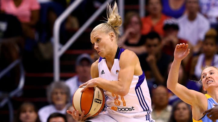 Sep 7, 2014; Phoenix, AZ, USA; Phoenix Mercury guard Erin Phillips (31) against the Chicago Sky during game one of the WNBA Finals at US Airways Center. The Mercury defeated the Sky 83-62. Mandatory Credit: Mark J. Rebilas-Imagn Images
