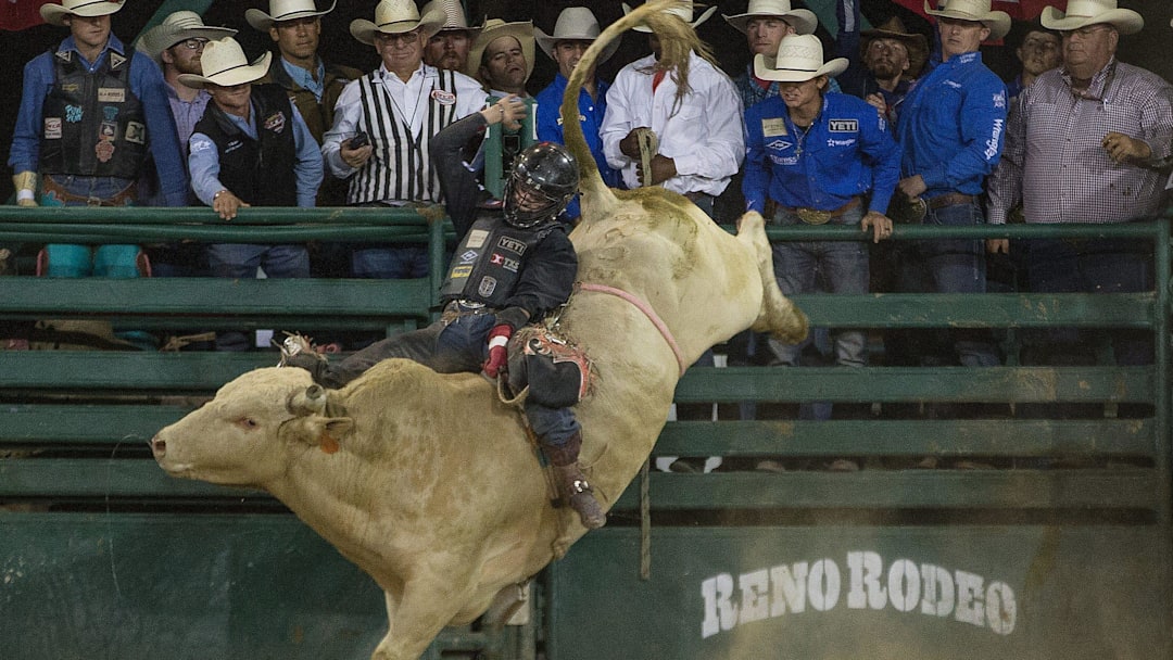 Stetson Wright competes in the Bull Riding event during the Reno Rodeo on Sunday, June 23, 2019.

Rodeo Sunday 3231