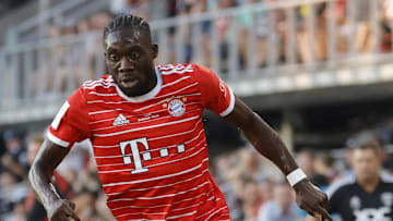 Jul 20, 2022; Washington, DC, USA; Bayern Munich defender Alphonso Davies (19) dribbles the ball against D.C. United at Audi Field. Mandatory Credit: Geoff Burke-Imagn Images