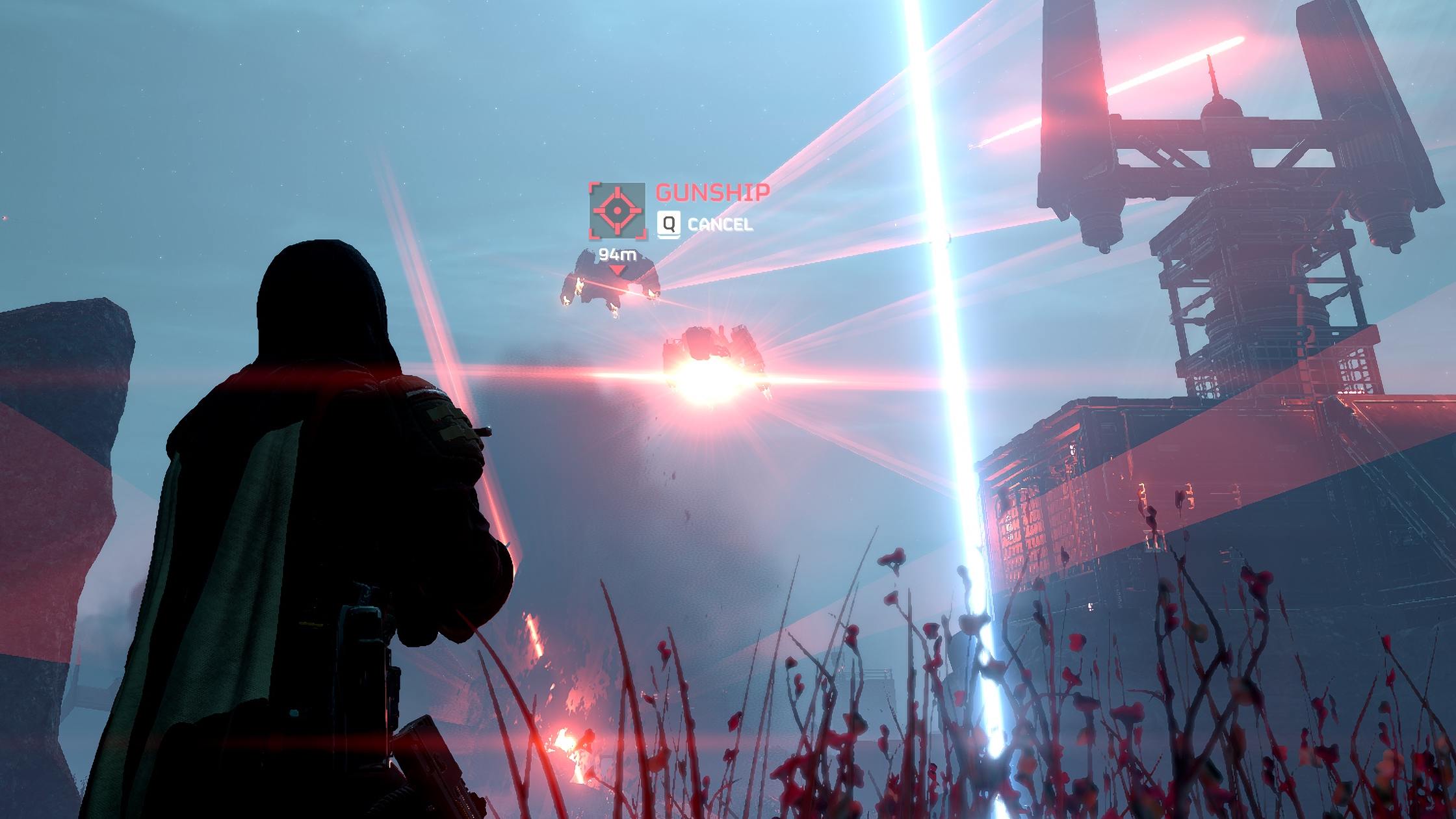 Helldivers 2 screenshot showing an Automaton Gunship in the air.