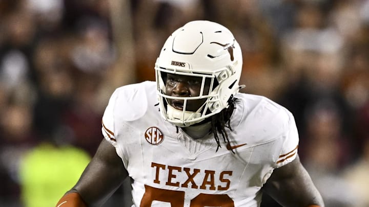 Cameron Williams blocks during No. 3 Texas's 17–7 win over No. 20 Texas A&M on Nov. 30, 2024. Cameron Williams blocks during No. 3 Texas's 17–7 win over No. 20 Texas A&M on Nov. 30, 2024.