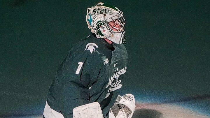 Michigan State goaltender Trey Augustine (1) skates during players introduction at Duel in the D between Michigan and Michigan State at Little Caesars Arena in Detroit on Saturday, Feb. 8, 2025.