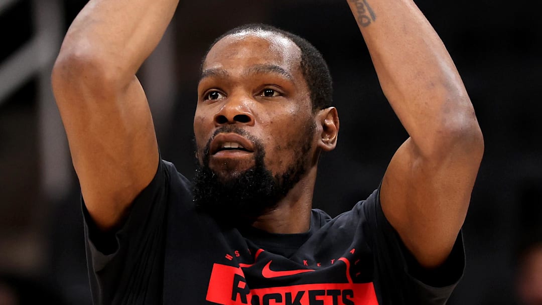 Apr 9, 2026; Houston, Texas, USA; Houston Rockets forward Kevin Durant (7) warms up prior to the game against the Philadelphia 76ers at Toyota Center. Mandatory Credit: Erik Williams-Imagn Images
