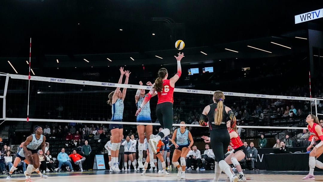 Columbus Fury Raina Terry (16) hits the ball Thursday, March 20, 2025, during a volleyball game between the Indy Ignite and the Columbus Fury at the Fishers Event Center. The Indy Ignite won in five sets.