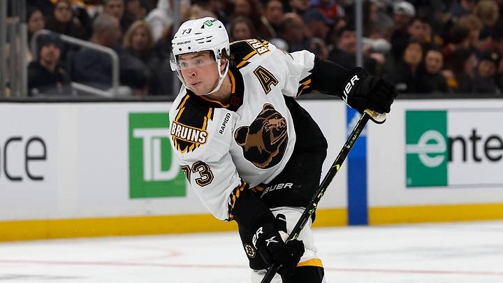 Nov 19, 2022; Boston, Massachusetts, USA; Boston Bruins defenseman Charlie McAvoy (73) against the Chicago Blackhawks during the first period at TD Garden. Mandatory Credit: Winslow Townson-USA TODAY Sports