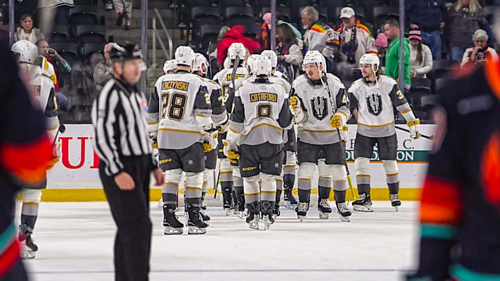 Henderson Silver Knights celebrate a 6-2 win over the Firebirds after their game at Acrisure Arena in Palm Desert, Calif., Thursday, Feb. 26, 2026.