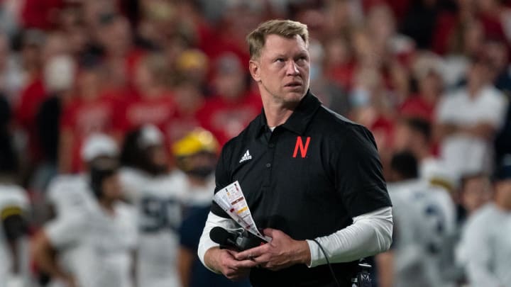 Oct 9, 2021; Lincoln, Nebraska, USA; Nebraska Cornhuskers head coach Scott Frost walks off the field after an injury timeout following a play against the Michigan Wolverines during the fourth quarter at Memorial Stadium.