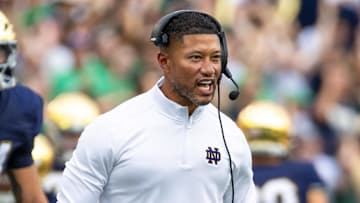 Notre Dame head coach Marcus Freeman celebrates against the Purdue Boilermakers at Notre Dame Stadium. 