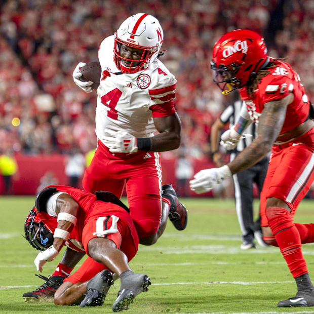 Nebraska wide receiver Janiran Bonner rushes for no gain against Cincinnati at Arrowhead Stadium in Kansas City.