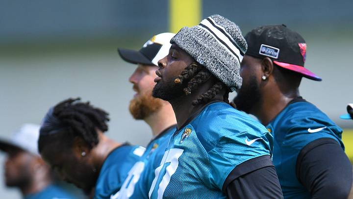 Jacksonville Jaguars offensive tackle Anton Harrison (77) watches drills during the organized team activity session Monday, June 3, 2024 at EverBank Stadium's Miller Electric Center in Jacksonville, Fla.