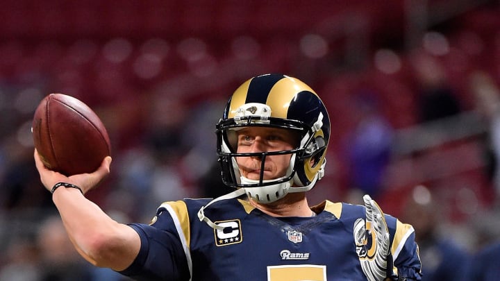 Dec 13, 2015; St. Louis, MO, USA; St. Louis Rams quarterback Nick Foles (5) warms up before the game between the St. Louis Rams and the Detroit Lions during the first half at the Edward Jones Dome. Mandatory Credit: Jasen Vinlove-USA TODAY Sports