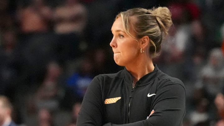 Tennessee head coach Kim Caldwell in the final minutes of the loss to Texas in the Sweet 16 of the NCAA college basketball tournament on Saturday, March 29, 2025, in Birmingham, AL. Tennessee head coach Kim Caldwell in the final minutes of the loss to Texas in the Sweet 16 of the NCAA college basketball tournament on Saturday, March 29, 2025, in Birmingham, AL.