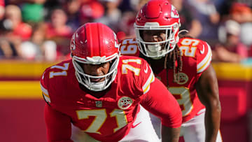 Sep 28, 2025; Kansas City, Missouri, USA; Kansas City Chiefs offensive tackle Josh Simmons (71) and running back Kareem Hunt (29) line up against the Baltimore Ravens during the game at GEHA Field at Arrowhead Stadium. Mandatory Credit: Denny Medley-Imagn Images