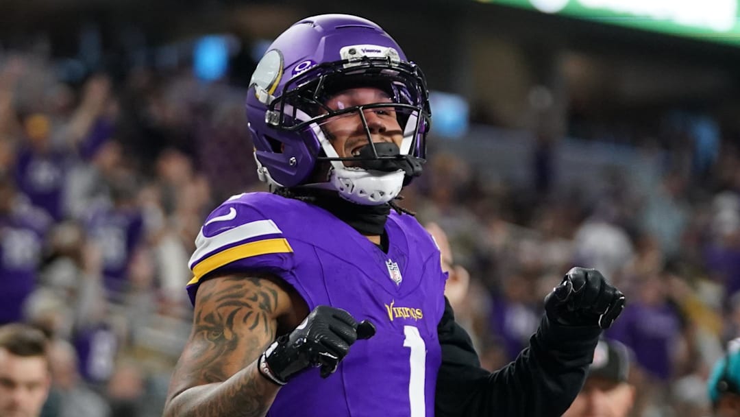 Dec 14, 2025; Arlington, Texas, USA; Minnesota Vikings wide receiver Jalen Nailor (1) celebrates after a touchdown catch during the second half against the Dallas Cowboys at AT&T Stadium. Mandatory Credit: Raymond Carlin III-Imagn Images