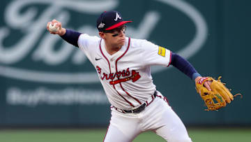 Apr 4, 2025; Atlanta, Georgia, USA; Atlanta Braves shortstop Nick Allen (2) throws a runner out at first against the Miami Marlins in the first inning at Truist Park. Mandatory Credit: Brett Davis-Imagn Images
