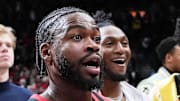 Toronto Raptors guard Jamal Shead reacts after finding out a basket did not count against the Washington Wizards.