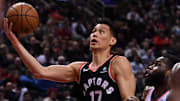 Mar 18, 2019; Toronto, Ontario, CAN; Toronto Raptors guard Jeremy Lin (17) shoots against the New York Knicks in the second half at Scotiabank Arena.