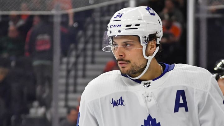 Mar 19, 2024; Philadelphia, Pennsylvania, USA; Toronto Maple Leafs center Auston Matthews (34) against the Philadelphia Flyers during the first period at Wells Fargo Center. Mandatory Credit: Eric Hartline-USA TODAY Sports