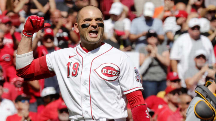 Cincinnati Reds first baseman Joey Votto (19) acknowledges the crowd before his first at bat in the second inning against the Pittsburgh Pirates at Great American Ball Park.