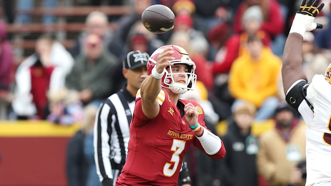 Nov 1, 2025; Ames, Iowa, USA; Iowa State Cyclones quarterback Rocco Becht (3) throws a pass against the Arizona State Sun Devils at Jack Trice Stadium. Mandatory Credit: Reese Strickland-Imagn Images