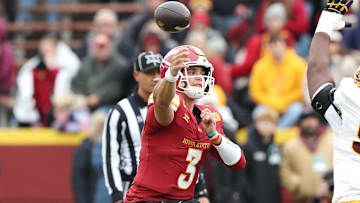 Nov 1, 2025; Ames, Iowa, USA; Iowa State Cyclones quarterback Rocco Becht (3) throws a pass against the Arizona State Sun Devils at Jack Trice Stadium. Mandatory Credit: Reese Strickland-Imagn Images