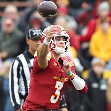 Nov 1, 2025; Ames, Iowa, USA; Iowa State Cyclones quarterback Rocco Becht (3) throws a pass against the Arizona State Sun Devils at Jack Trice Stadium. Mandatory Credit: Reese Strickland-Imagn Images