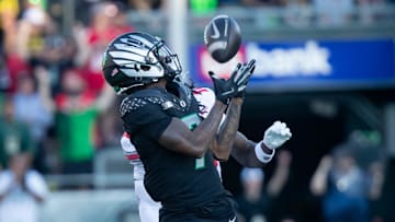 Oregon Ducks wide receiver Evan Stewart hauls in a catch as the No. 3 Oregon Ducks host the No. 2 Ohio State Buckeyes on Saturday, Oct. 12, 2024, at Autzen Stadium in Eugene, Ore.