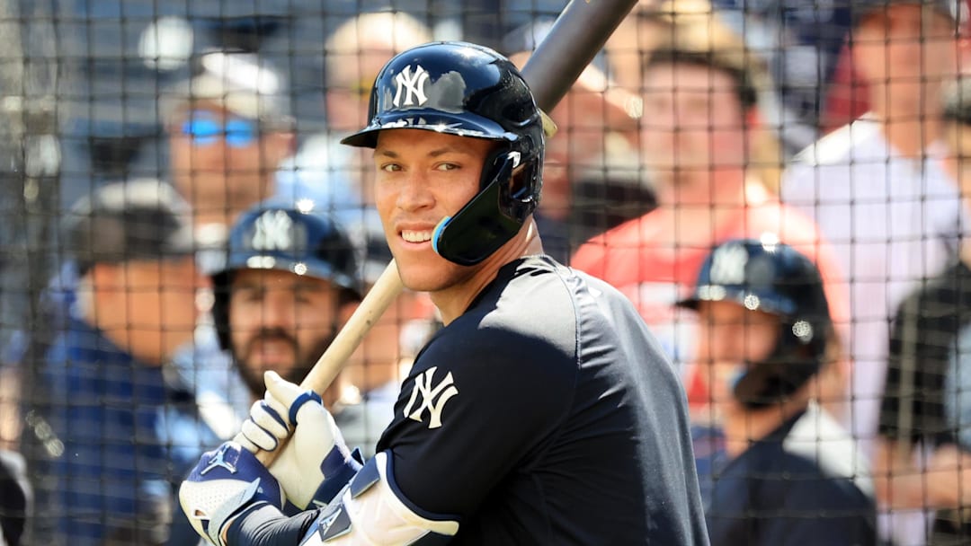 Feb 12, 2026; Tampa, FL, USA;  New York Yankees right fielder Aaron Judge (99) during live batting practice during spring training workouts at George M. Steinbrenner Field. Mandatory Credit: Kim Klement Neitzel-Imagn Images