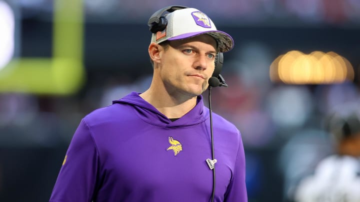 Nov 5, 2023; Atlanta, Georgia, USA; Minnesota Vikings head coach Kevin O'Connell on the sideline against the Atlanta Falcons in the second half at Mercedes-Benz Stadium. Mandatory Credit: Brett Davis-USA TODAY Sports