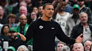 May 14, 2025; Boston, Massachusetts, USA; Boston Celtics head coach Joe Mazzulla reacts after a call in the second half during game five of the second round for the 2025 NBA Playoffs against the New York Knicks at TD Garden. Mandatory Credit: Bob DeChiara-Imagn Images