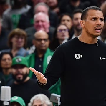 May 14, 2025; Boston, Massachusetts, USA; Boston Celtics head coach Joe Mazzulla reacts after a call in the second half during game five of the second round for the 2025 NBA Playoffs against the New York Knicks at TD Garden. Mandatory Credit: Bob DeChiara-Imagn Images