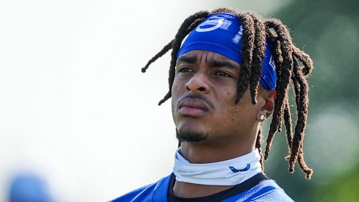 Indianapolis Colts wide receiver Josh Downs (1) looks toward the crowd while warming up Saturday, July 27, 2024, during the Indianapolis Colts’ training camp at Grand Park Sports Complex in Westfield.