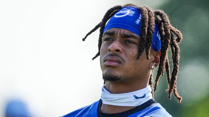 Indianapolis Colts wide receiver Josh Downs (1) looks toward the crowd while warming up Saturday, July 27, 2024, during the Indianapolis Colts’ training camp at Grand Park Sports Complex in Westfield.