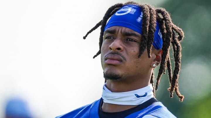 Indianapolis Colts wide receiver Josh Downs (1) looks toward the crowd while warming up Saturday, July 27, 2024, during the Indianapolis Colts’ training camp at Grand Park Sports Complex in Westfield.