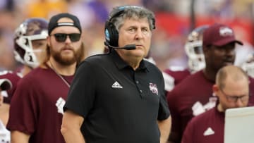Mississippi State Bulldogs head coach Mike Leach looks on from the sideline during a college football game in the SEC.