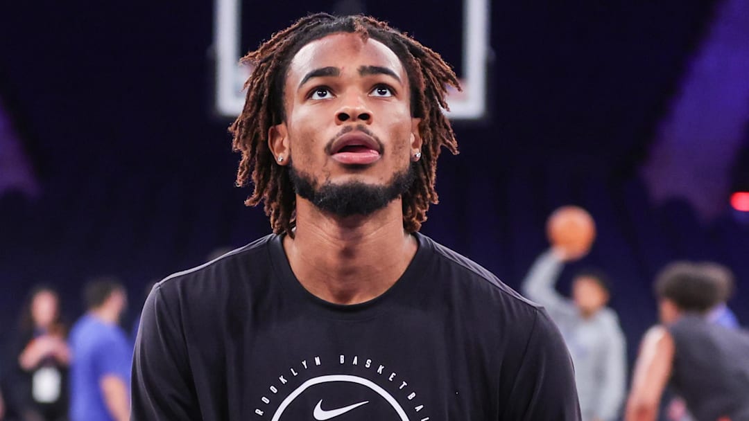 Nov 9, 2025; New York, New York, USA;  Brooklyn Nets center Nic Claxton (33) warms up prior to the game against the New York Knicks at Madison Square Garden. Mandatory Credit: Wendell Cruz-Imagn Images
