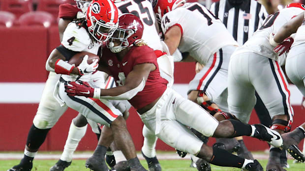 Former Georgia running back James Cook playing against Alabama in 2020.