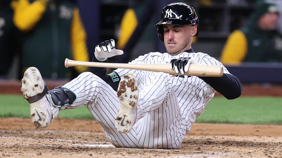 Apr 7, 2026; Bronx, New York, USA; New York Yankees left fielder Cody Bellinger (35) falls to the ground after fouling off a pitch in the sixth inning against the Athletics at Yankee Stadium. Mandatory Credit: Wendell Cruz-Imagn Images Apr 7, 2026; Bronx, New York, USA; New York Yankees left fielder Cody Bellinger (35) falls to the ground after fouling off a pitch in the sixth inning against the Athletics at Yankee Stadium. Mandatory Credit: Wendell Cruz-Imagn Images