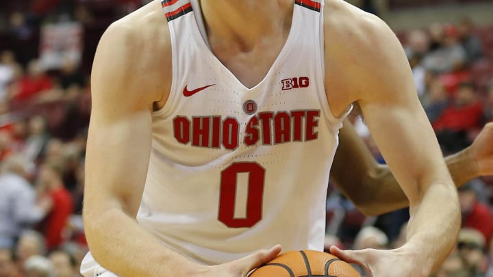 Dec 19, 2017; Columbus, OH, USA; Ohio State Buckeyes Micah Potter (0) rebounds during the second half against the Citadel Bulldogs at Value City Arena. Mandatory Credit: Joe Maiorana-USA TODAY Sports