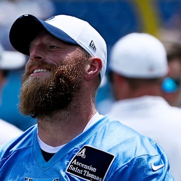Tennessee Titans place kicker Joey Slye talks with Johnny Hekker after a training camp practice.