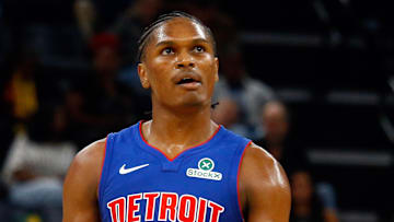 Oct 6, 2025; Memphis, Tennessee, USA; Detroit Pistons forward Ausar Thompson (9) looks on during the third quarter against the Memphis Grizzlies at FedExForum. Mandatory Credit: Petre Thomas-Imagn Images