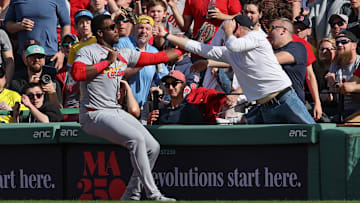 Apr 4, 2025; Boston, Massachusetts, USA; St. Louis Cardinals right fielder Jordan Walker (18) catches a fly ball during the fifth inning against the Boston Red Sox at Fenway Park. Mandatory Credit: Paul Rutherford-Imagn Images