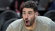 Apr 7, 2023; Atlanta, Georgia, USA; Philadelphia 76ers forward Georges Niang (20) warms up on the court  before the game against the Atlanta Hawks at State Farm Arena. Mandatory Credit: Dale Zanine-Imagn Images